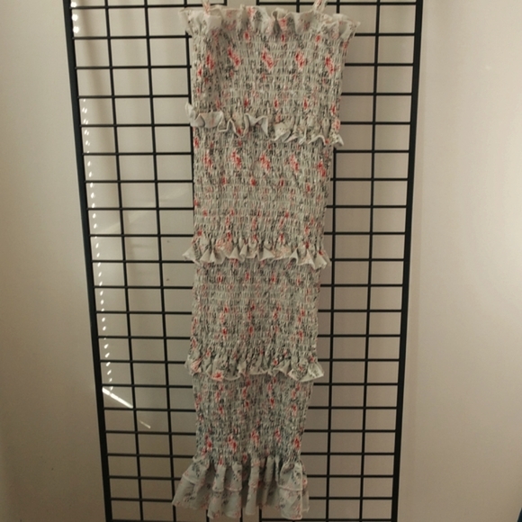 SALE Tube Tank Midi Dress Green Floral Smocked Tiered Spaghetti Strap Boho S/M - Picture 8 of 11